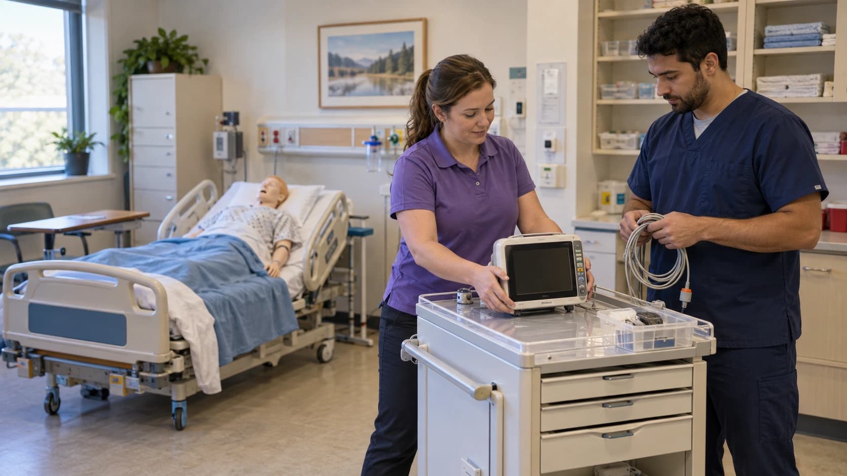 Simulation staff preparing equipment beside a training mannequin.